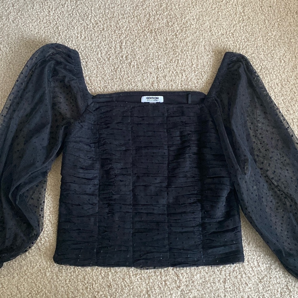 Express Black Ruched Dressy Top with Mesh Balloon Sleeves Blouse size S
